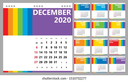 Creative desk calendar 2020 with rainbow design, week start sunday, english language. Multicolored template for web, business, print, postcard, wall, bookmark and banner.