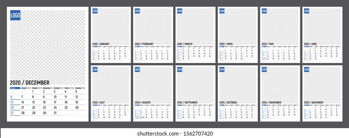 Creative desk calendar 2020, week start sunday, english language. Colored flat template with place for your photo. Stationery design, flyer layout, printing media, brochure, banner, poster.