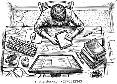 Creative Desk Setup Line Art.