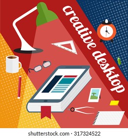creative desktop with book in form of smartphone flat design vector illustration