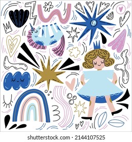 Creative detailed hand drawn illustration with rainbow, unicorn, stars, hearts, princess, pint and black texture