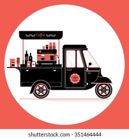 Creative detailed vector coffee street truck, three colours design on three layers, easy to change colours. Espresso machine, disposable cups and more.