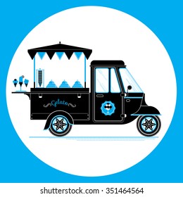 Creative detailed vector ice cream and gelato street truck, three colours design on three layers, easy to change colours. Pile of cones, ice cream silhouettes.