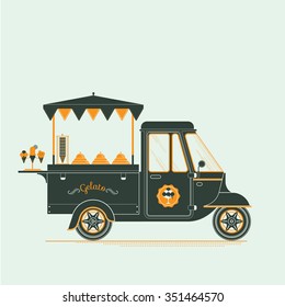 Creative detailed vector ice cream and gelato street truck, three colours design on three layers, easy to change colours. Pile of cones, ice cream silhouettes.