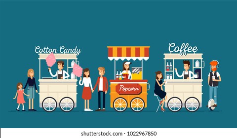 Creative detailed vector street coffee cart, popcorn and cotton candy shop with sellers. Young people buy street food or junk food in food festival event