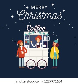 Creative detailed vector street coffee cart or shop with espresso machine, syrup bottles, disposable cups and with seller. Young people having a coffee. Christmas Fair