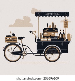 Creative detailed vector street coffee bicycle cart three colored design element with espresso machine, syrup bottles, wooden crate on rear rack, disposable cups and more. Subtle rough paper texture svg