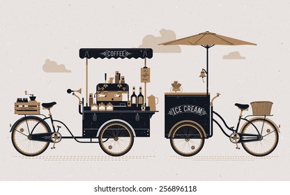 Creative detailed vector street coffee and ice cream vending bicycle carts  with espresso machine, sirup bottles, wooden crate on rear rack, disposable cups and more. Subtle rough paper texture