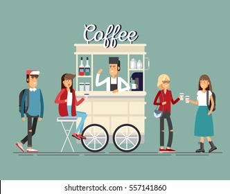 Creative detailed vector street coffee cart or shop with espresso machine, syrup bottles, disposable cups and with seller. Young people having a coffee