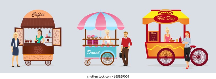 Creative detailed vector street coffee cart, donat and hotdog shop with sellers. Young people buy street food or junk food in food festival event. Illustration in flat cartoon style.