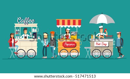 Creative detailed vector street coffee cart, popcorn and hotdog shop with sellers. Young people buy street food or junk food in food festival event.