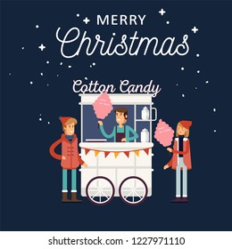 Creative detailed vector street cotton candy cart or shop with swetness and with seller. Young people buy and eat cotton candy. Christmas Fair