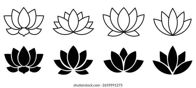 Detalles creativos de la silueta del Vector del icono del loto. Conjunto de símbolo de loto negro aislado sobre fondo blanco. Símbolo del logotipo de la flor, cosmético, moda, belleza cantan en estilo plano. Ilustración vectorial. 