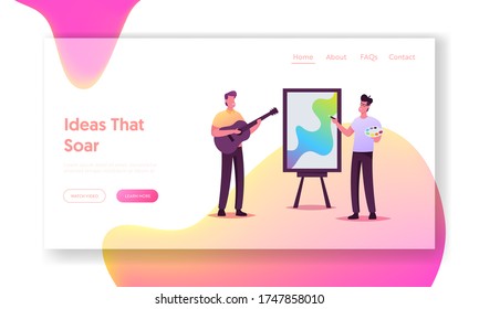 Creative Development Landing Page Template. Musician Practicing Playing Guitar, Artist Painting Picture. Male Characters Use Right Brain Part for Musical and Paint. Cartoon People Vector Illustration