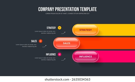 Creative Development Presentation Template Vector Illustration. Digital Overview 3 Element Infographic Slideshow Layout. Market Strategy Three Option Diagram Slide Design.