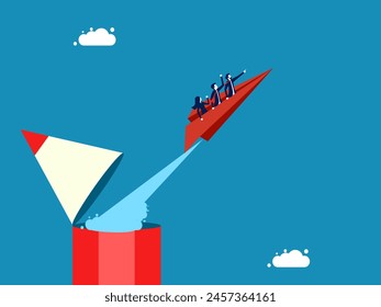 Creative development team. team of businessmen flies in a paper plane out of pencils 