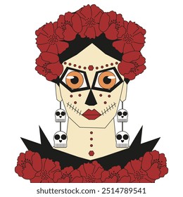 Criativa Dia De Los Muertos arte. Geométrica estilo retrato feminino. Dia do projeto do modelo morto. Vetor plano pode usar cartão de saudação cartaz capa t-shirt imprimir. Dia de los muertos - dia dos mortos.