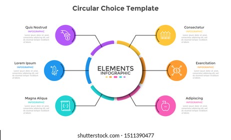 Creative diagram with 6 round elements connected to main circle. Concept of six features of marketing strategy. Modern infographic design template. Flat vector illustration for presentation, banner.