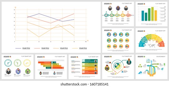 Creative diagram set for marketing report, business project, web design, presentation slide template. Analysis and management concept. Line, process, bar, option, cycle charts