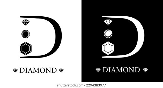 Logo de la letra de diamante creativa D y plantilla de diseño de iconos. Negro sobre un fondo blanco y blanco sobre un fondo negro.