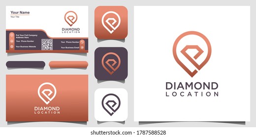 concepto creativo de diamante y alfiler. plantilla de diseño de logotipo brillante con estilo de arte de línea. logotipo de ubicación de joyería y diseño de tarjetas de visita