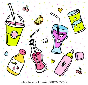 Creative different delicious drink on white background. Vector illustration of set of color yummy beverage. Line art flat style design for web, site, banner, menu, poster