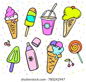 Creative different delicious food on white background. Vector illustration of set of color yummy ice cream, drink and sweets. Line art flat style design for web, site, banner, menu, poster