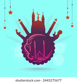 Creative with different islamic elements like Glossy Mosque, Praying People, Stars and Arabic Islamic Calligraphy of text Eid-Ul-Fitr Mubarak in crescent moon shape on sky blue background.