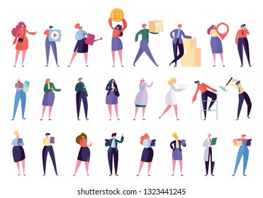 Creative Different Professional Character Set. Various Business People Work Isolated. Employee Team with Laptop. Businesswoman Community Stand Flat Cartoon Vector Illustration Collection