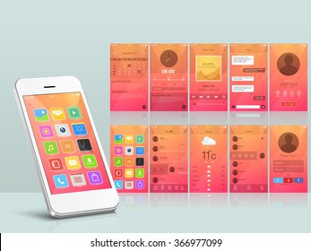 Creative different UI, UX and GUI layout for responsive e-commerce and mobile apps including Calendar, Music Player, Messaging, Calling, Menu, Weather and login screens.