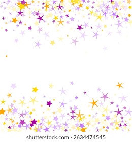 Creative diffused stars vector background. Party decor elements in violet orange colors. Radiant star random fragments. Serenity concept. Cosmic shimmer.