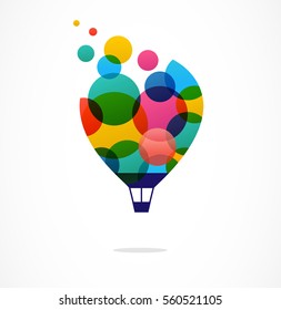 Creative, digital abstract and children style colorful icon of hot air balloon with colorful happy icons, symbols