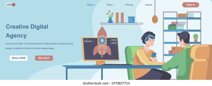 Creative Digital Agency web banner concept. Teamwork in office, business promotion with online advertising company landing page template. Vector illustration with people characters in flat design