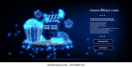 Creative digital art of a cinema-themed display featuring glowing popcorn and a film clapperboard against a dark blue background