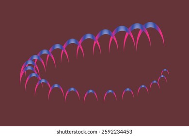 Creative digital artwork featuring overlapping gradient arches in vibrant colors on a solid maroon backdrop. The composition exhibits symmetrical alignment and mesmerizing visual effects, ideal 