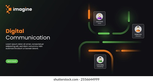 Creative digital banner design. Modern digital communication banner with a dark gradient background, team member profiles, neon-style connections, and bold typography.