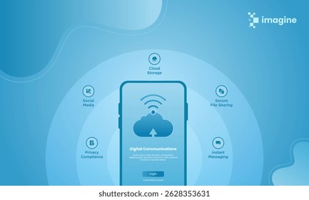 Infografía creativa de comunicación digital con smartphone, ícono de la nube y Elementos de servicio como mensajería, almacenamiento en la nube, privacidad y redes sociales sobre un fondo moderno de tecnología azul.