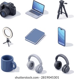 Creative digital content creator kit featuring isometric vector illustrations of professional cameras laptops tripods notebooks smartphones headphones and coffee mugs