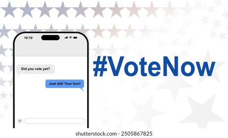 Un diseño digital creativo que promueve la participación en las votaciones con una ilustración moderna de mensajes de texto y la etiqueta #VoteNow. Ideal para campañas sociales, conciencia política y contenido de compromiso cívico