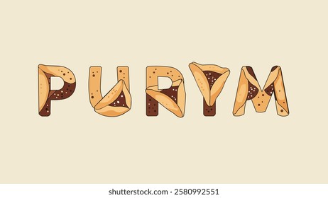 A creative digital design for Purim featuring the word Purim spelled with Hamantaschen cookies on a light beige background symbolizing the festive Jewish holiday