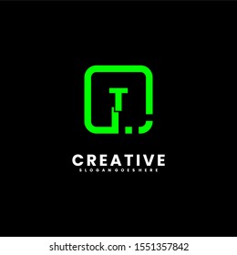 creative digital green square T logo type isolated on black background design concept, vector illustration.