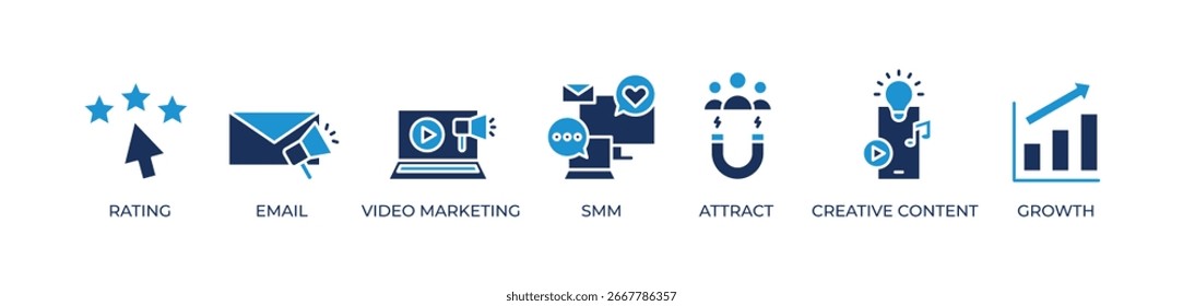 Los iconos creativos del crecimiento digital fijan la Ilustración vectorial Video azul con la calificación, el email, el marketing, Smm, atraen, contenido creativo, crecimiento