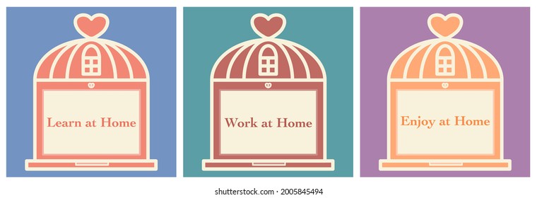 Creative digital at home banner. Sweet and cute, notebook integrate with house, enjoy every activity on digital at home, concept. Flat vector illustration pastel vintage minimal graphic design.