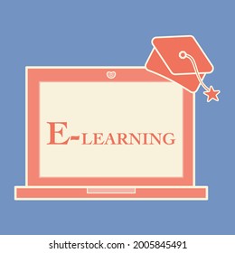 Creative digital learning banner. Sweet and cute, notebook integrate with education cap, e-Learning concept. Monochromatic color on contrast background, flat vector, pastel minimal graphic design.