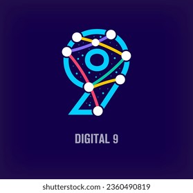 Creative digital letter 9 corporate design. Unique color transitions. Unique virtual technology and connection template. vector