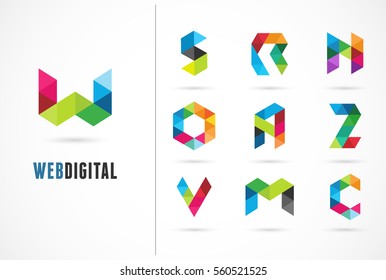 Iconos de colores creativos, letras digitales, elemento y símbolo, plantilla de logotipo. W, S, O, A, Z, N, M, C