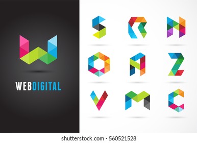 Iconos de colores creativos, letras digitales, elemento y símbolo, plantilla de logotipo. W, S, O, A, Z, N, M, C