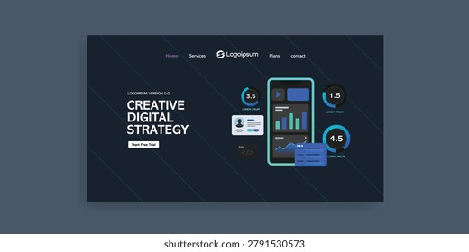 Creative Digital Strategy Dashboard Landing Page Illustration Featuring Business Analytics Marketing Performance Data Management and Growth Optimization