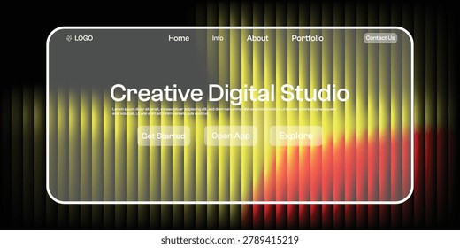 Creative digital studio landing page design featuring modern glassmorphism interface colorful light effects and technology inspired web banner template