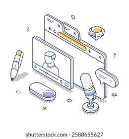 Creative digital workspace concept with isometric line art, showcasing elements such as a microphone, video call interface, and pen, highlighting online collaboration and communication.